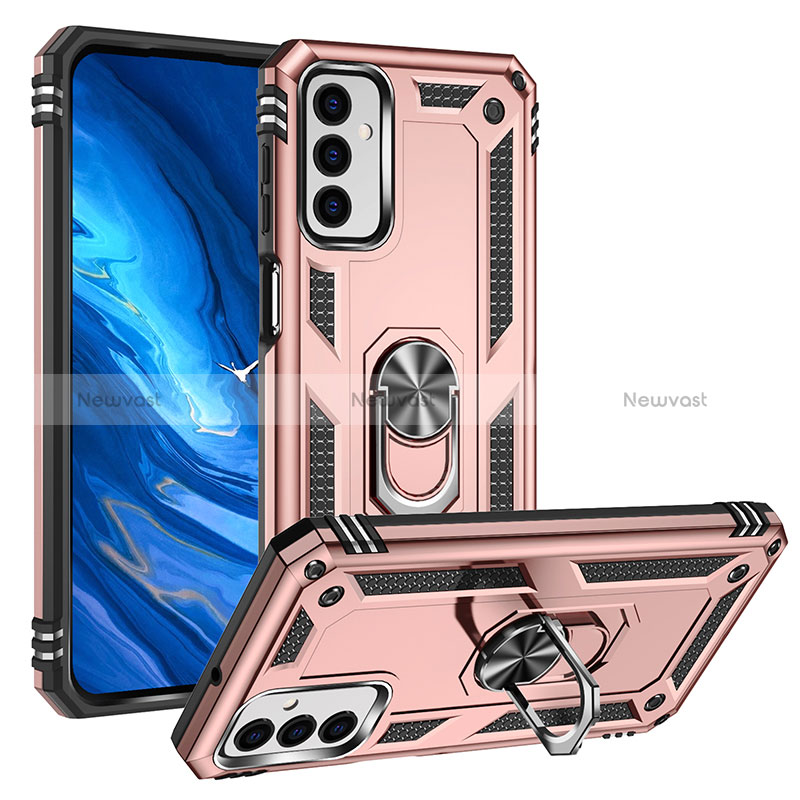 Silicone Matte Finish and Plastic Back Cover Case with Magnetic Finger Ring Stand MQ3 for Samsung Galaxy M23 5G Rose Gold