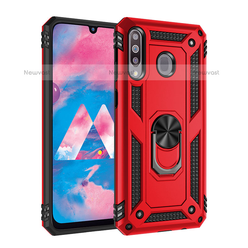 Silicone Matte Finish and Plastic Back Cover Case with Magnetic Finger Ring Stand MQ3 for Samsung Galaxy M30 Red