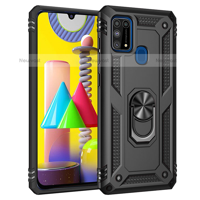 Silicone Matte Finish and Plastic Back Cover Case with Magnetic Finger Ring Stand MQ3 for Samsung Galaxy M31 Black