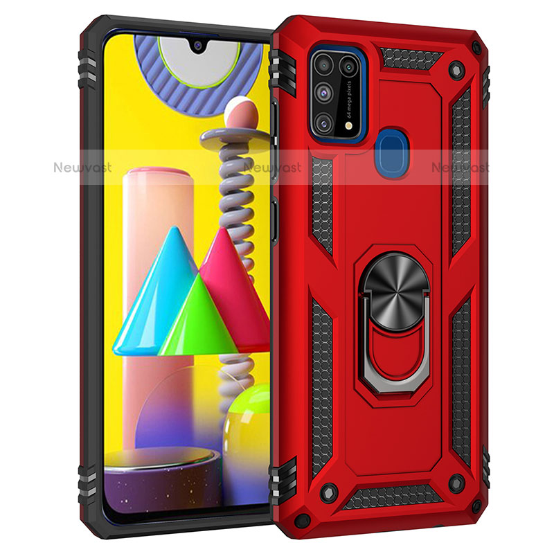 Silicone Matte Finish and Plastic Back Cover Case with Magnetic Finger Ring Stand MQ3 for Samsung Galaxy M31 Red