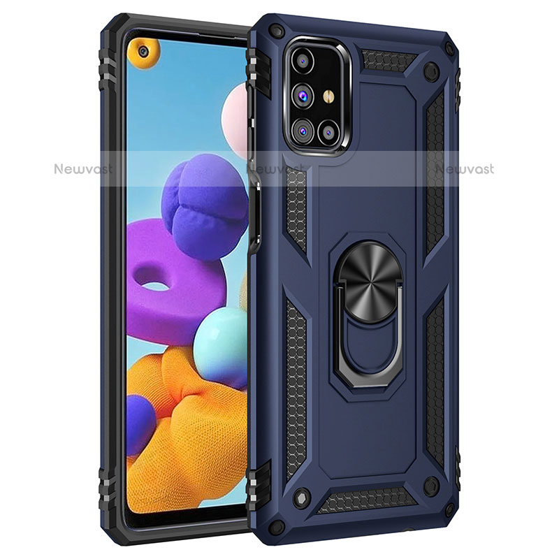 Silicone Matte Finish and Plastic Back Cover Case with Magnetic Finger Ring Stand MQ3 for Samsung Galaxy M31s Blue