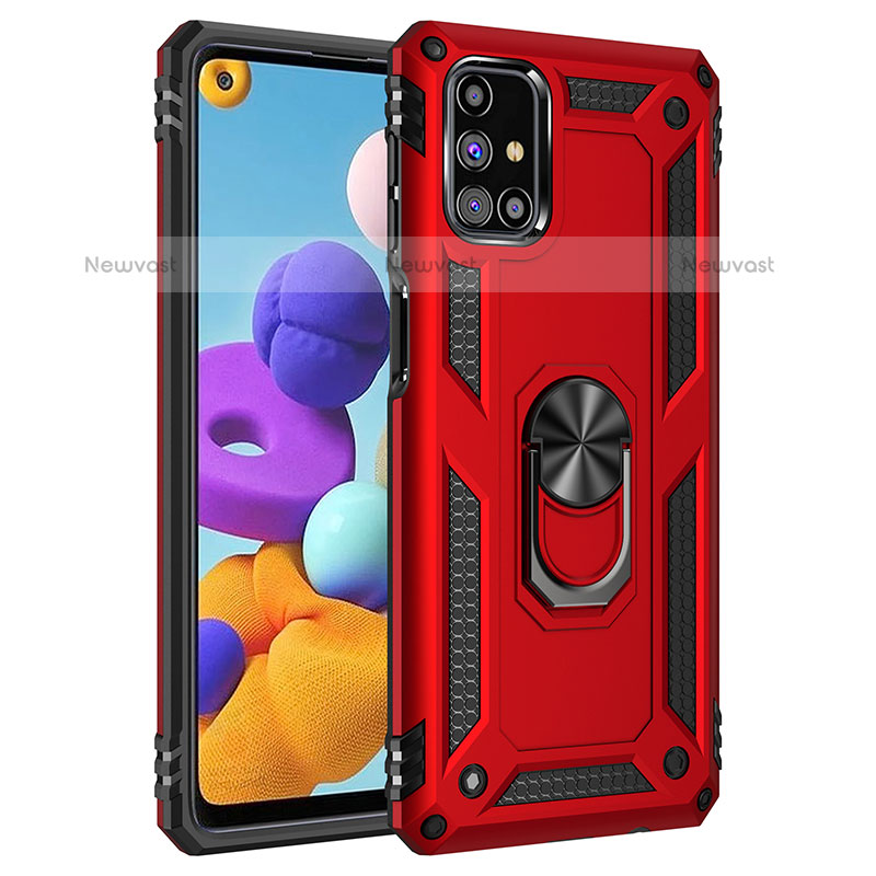 Silicone Matte Finish and Plastic Back Cover Case with Magnetic Finger Ring Stand MQ3 for Samsung Galaxy M31s Red