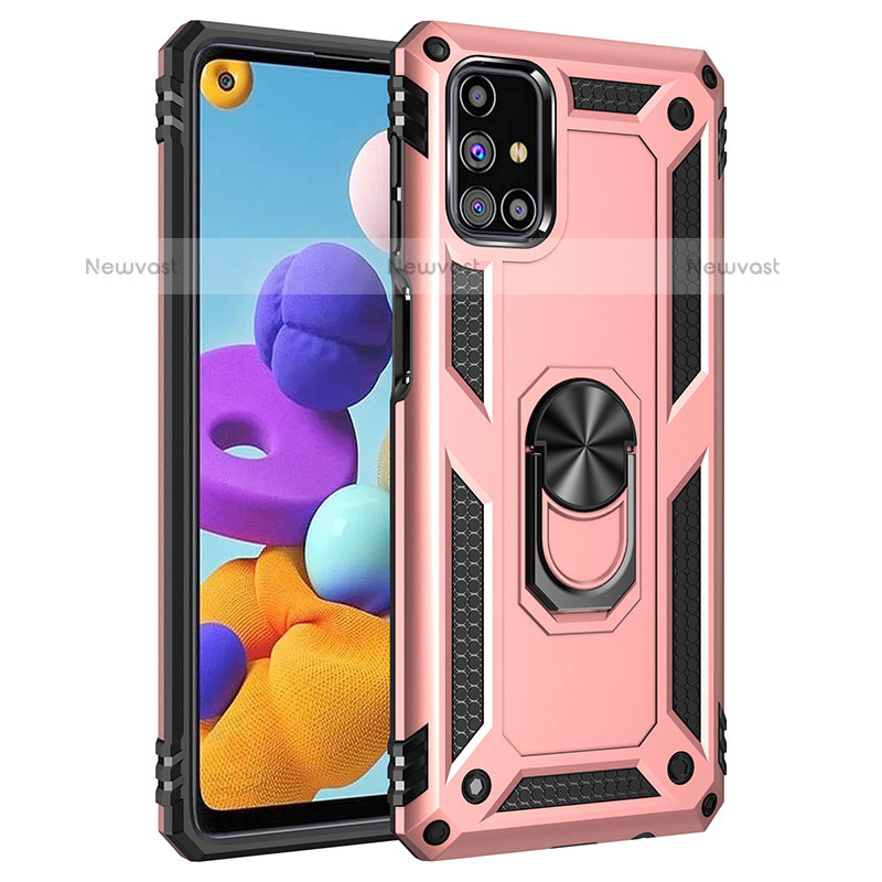 Silicone Matte Finish and Plastic Back Cover Case with Magnetic Finger Ring Stand MQ3 for Samsung Galaxy M31s Rose Gold