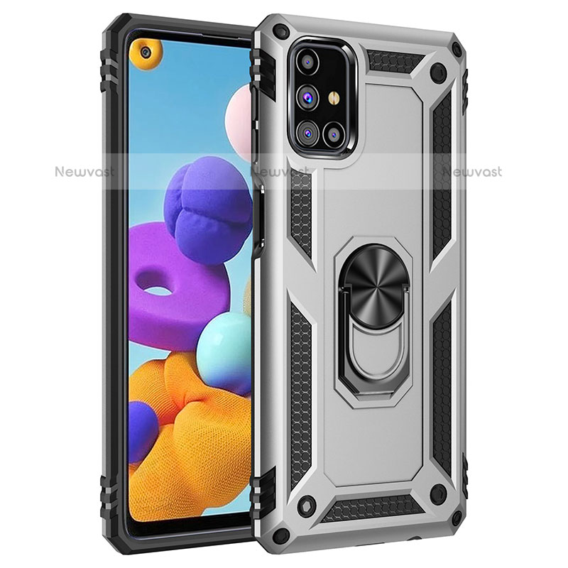 Silicone Matte Finish and Plastic Back Cover Case with Magnetic Finger Ring Stand MQ3 for Samsung Galaxy M31s Silver