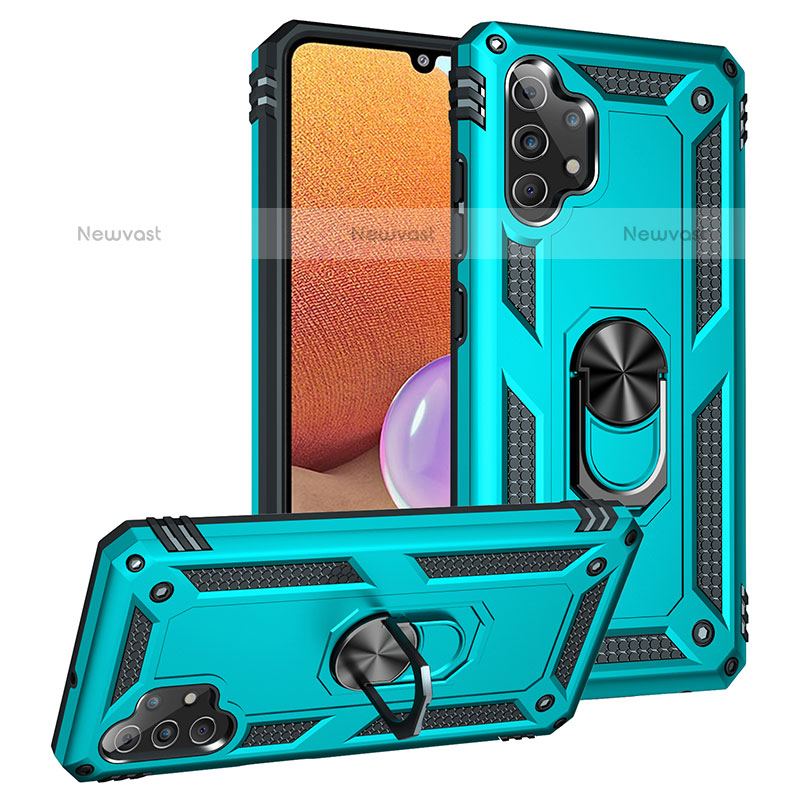 Silicone Matte Finish and Plastic Back Cover Case with Magnetic Finger Ring Stand MQ3 for Samsung Galaxy M32 5G Cyan