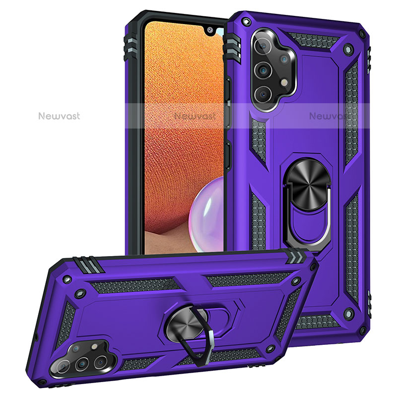 Silicone Matte Finish and Plastic Back Cover Case with Magnetic Finger Ring Stand MQ3 for Samsung Galaxy M32 5G Purple