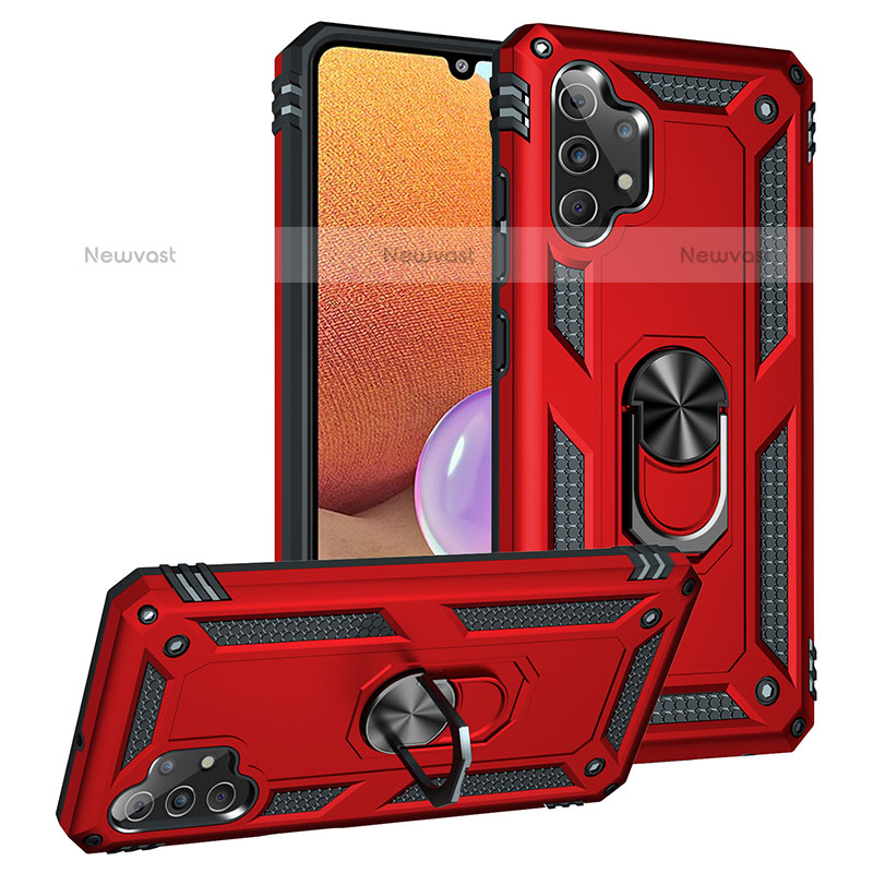 Silicone Matte Finish and Plastic Back Cover Case with Magnetic Finger Ring Stand MQ3 for Samsung Galaxy M32 5G Red