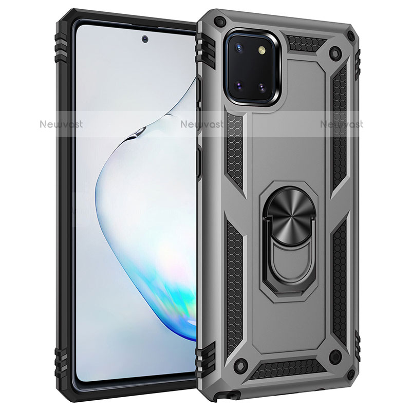 Silicone Matte Finish and Plastic Back Cover Case with Magnetic Finger Ring Stand MQ3 for Samsung Galaxy Note 10 Lite Gray