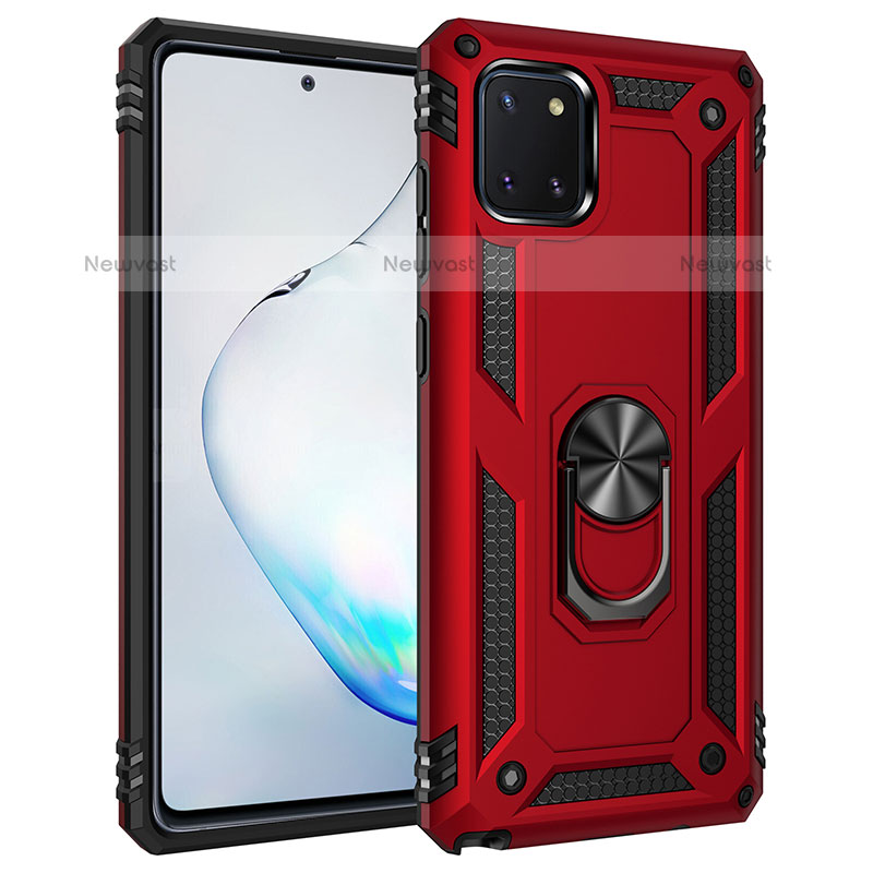 Silicone Matte Finish and Plastic Back Cover Case with Magnetic Finger Ring Stand MQ3 for Samsung Galaxy Note 10 Lite Red