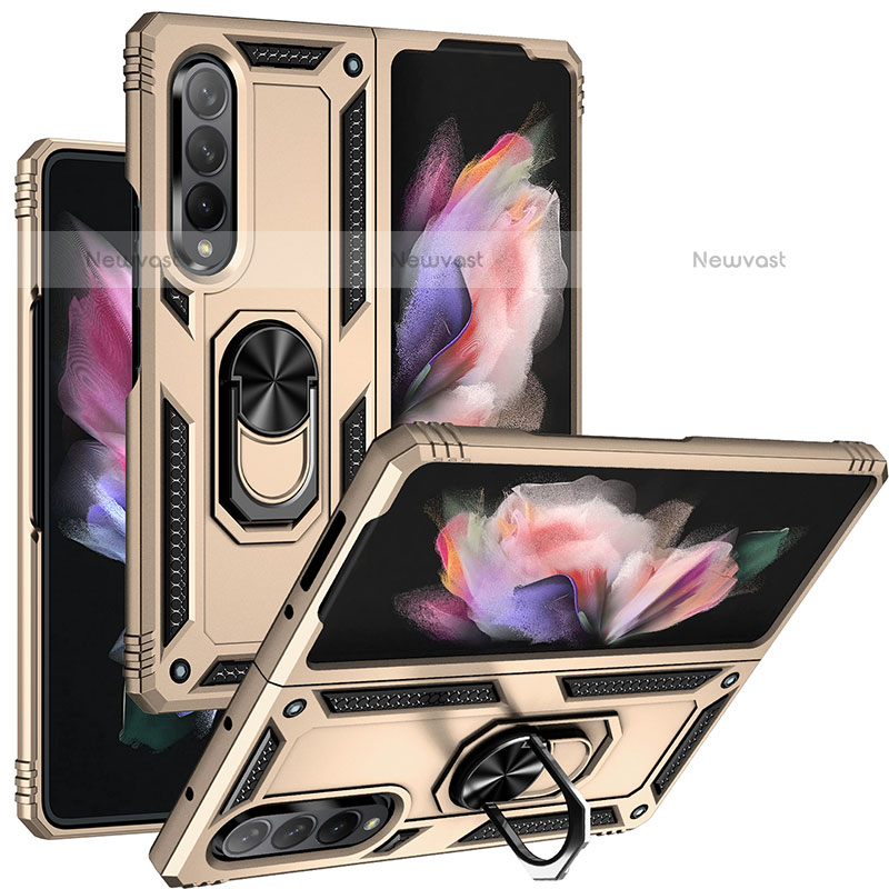 Silicone Matte Finish and Plastic Back Cover Case with Magnetic Finger Ring Stand MQ3 for Samsung Galaxy Z Fold3 5G Gold