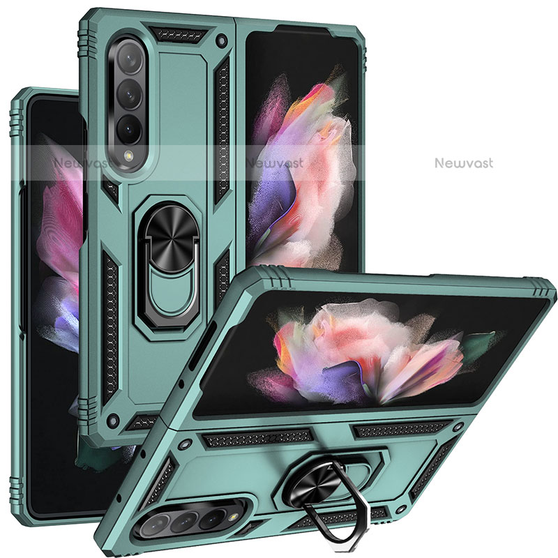 Silicone Matte Finish and Plastic Back Cover Case with Magnetic Finger Ring Stand MQ3 for Samsung Galaxy Z Fold3 5G Green