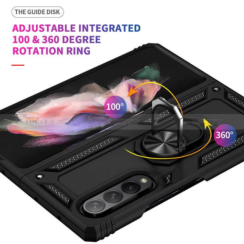 Silicone Matte Finish and Plastic Back Cover Case with Magnetic Finger Ring Stand MQ3 for Samsung Galaxy Z Fold4 5G