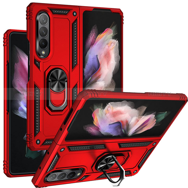 Silicone Matte Finish and Plastic Back Cover Case with Magnetic Finger Ring Stand MQ3 for Samsung Galaxy Z Fold4 5G Red