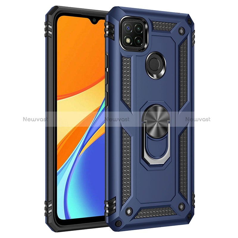 Silicone Matte Finish and Plastic Back Cover Case with Magnetic Finger Ring Stand MQ3 for Xiaomi POCO C3 Blue