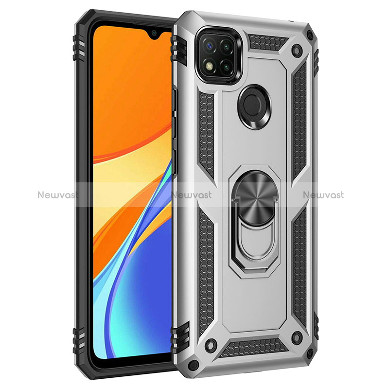 Silicone Matte Finish and Plastic Back Cover Case with Magnetic Finger Ring Stand MQ3 for Xiaomi POCO C3 Silver