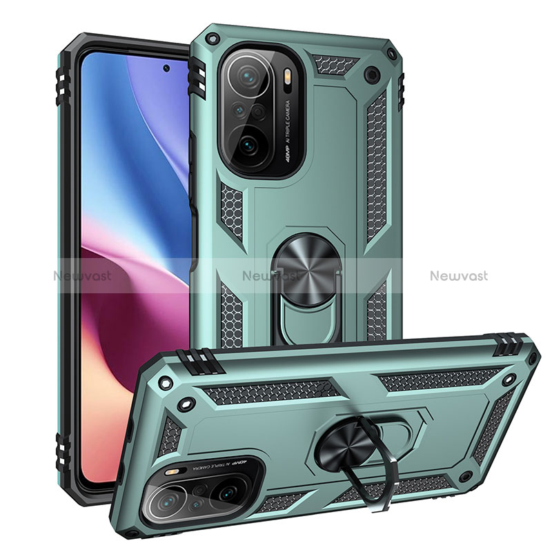 Silicone Matte Finish and Plastic Back Cover Case with Magnetic Finger Ring Stand MQ3 for Xiaomi Poco F3 5G Green