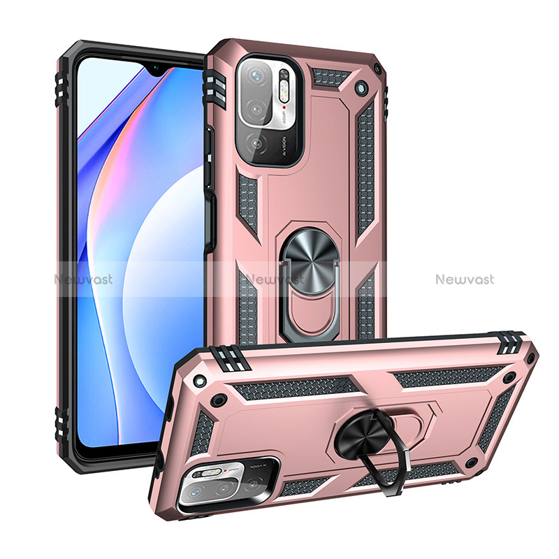 Silicone Matte Finish and Plastic Back Cover Case with Magnetic Finger Ring Stand MQ3 for Xiaomi POCO M3 Pro 5G Rose Gold