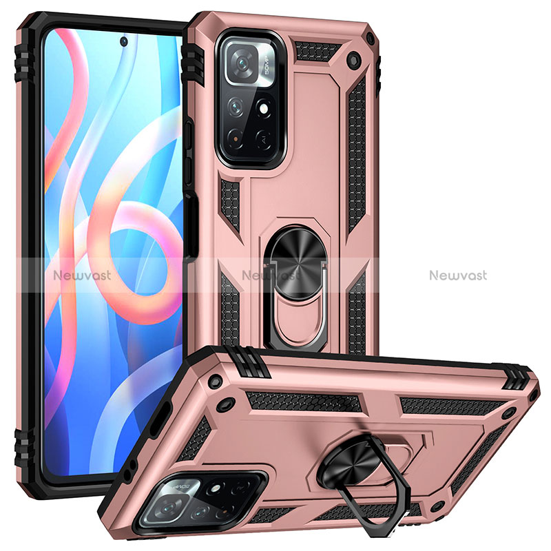 Silicone Matte Finish and Plastic Back Cover Case with Magnetic Finger Ring Stand MQ3 for Xiaomi Poco M4 Pro 5G Rose Gold