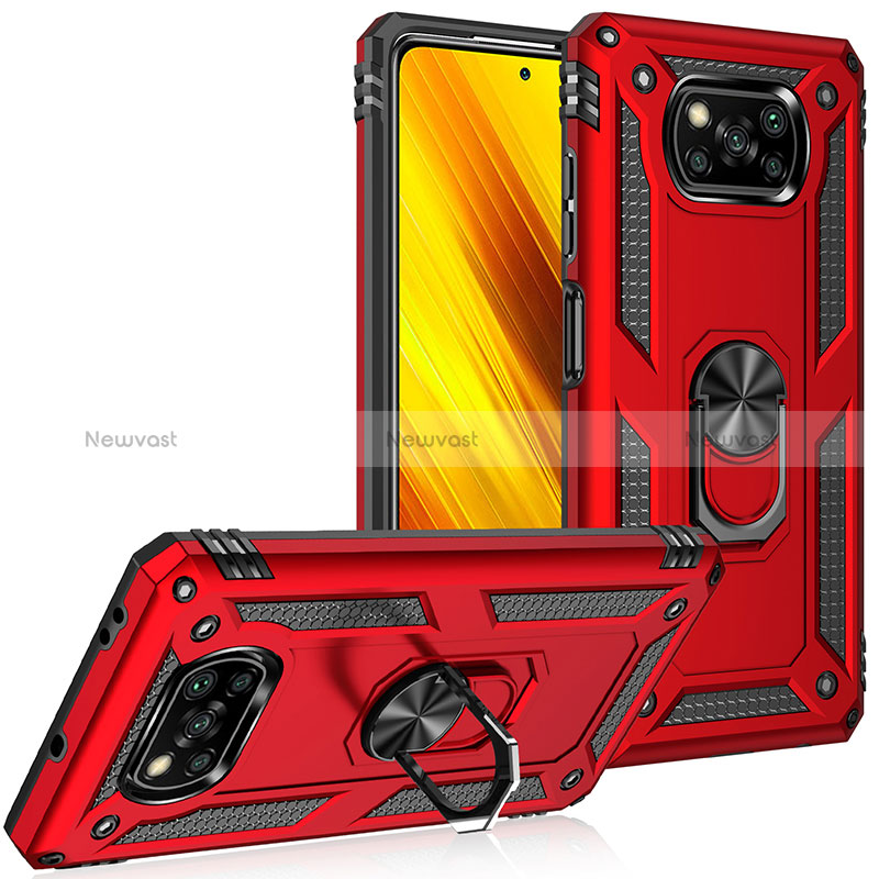 Silicone Matte Finish and Plastic Back Cover Case with Magnetic Finger Ring Stand MQ3 for Xiaomi Poco X3 Pro Red