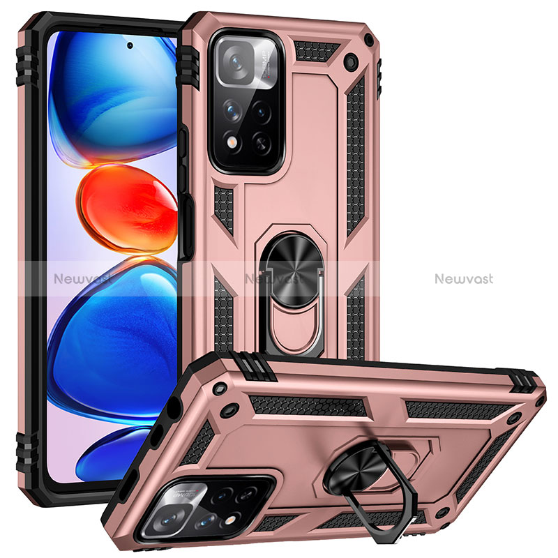 Silicone Matte Finish and Plastic Back Cover Case with Magnetic Finger Ring Stand MQ3 for Xiaomi Poco X4 NFC Rose Gold