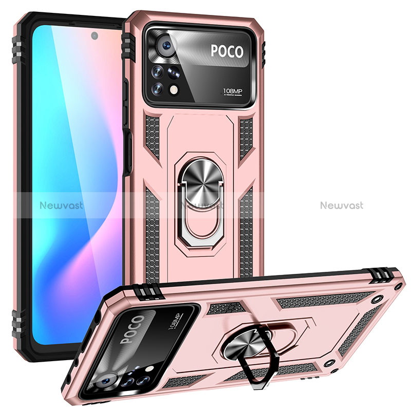 Silicone Matte Finish and Plastic Back Cover Case with Magnetic Finger Ring Stand MQ3 for Xiaomi Poco X4 Pro 5G Rose Gold