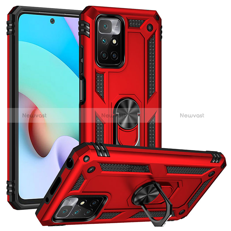 Silicone Matte Finish and Plastic Back Cover Case with Magnetic Finger Ring Stand MQ3 for Xiaomi Redmi 10 (2022) Red