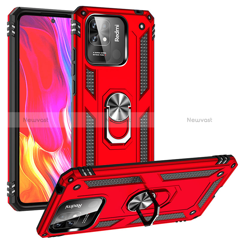 Silicone Matte Finish and Plastic Back Cover Case with Magnetic Finger Ring Stand MQ3 for Xiaomi Redmi 10 India Red