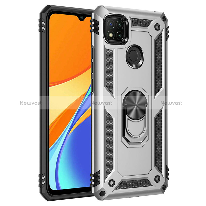 Silicone Matte Finish and Plastic Back Cover Case with Magnetic Finger Ring Stand MQ3 for Xiaomi Redmi 9 India Silver