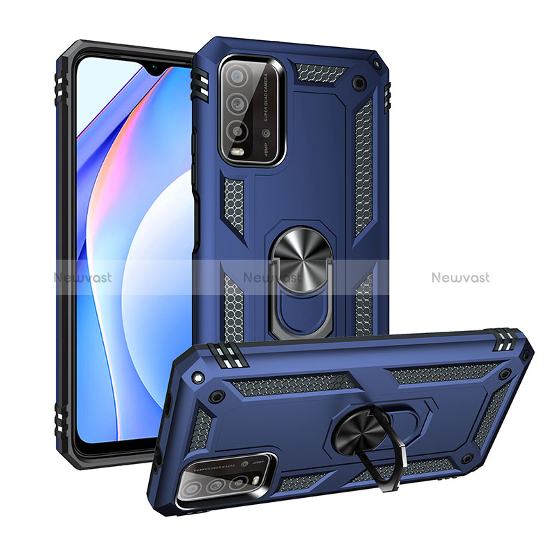 Silicone Matte Finish and Plastic Back Cover Case with Magnetic Finger Ring Stand MQ3 for Xiaomi Redmi 9 Power Blue