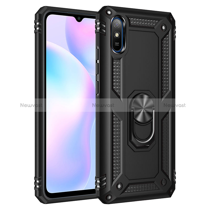 Silicone Matte Finish and Plastic Back Cover Case with Magnetic Finger Ring Stand MQ3 for Xiaomi Redmi 9A Black