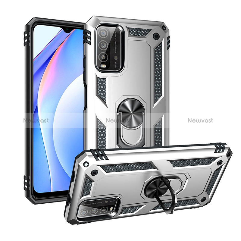 Silicone Matte Finish and Plastic Back Cover Case with Magnetic Finger Ring Stand MQ3 for Xiaomi Redmi 9T 4G Silver