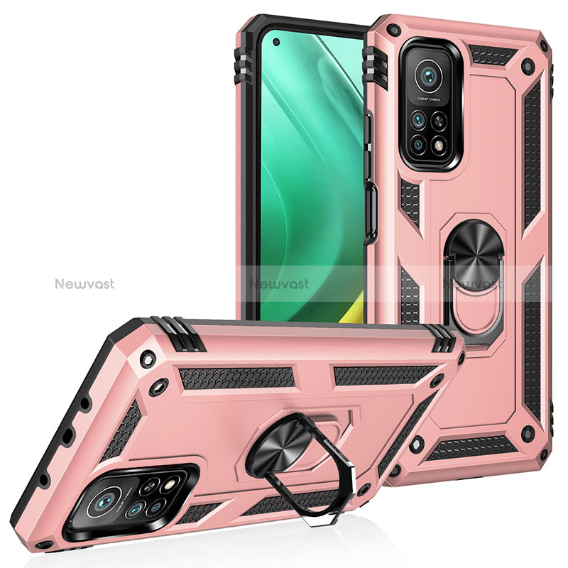 Silicone Matte Finish and Plastic Back Cover Case with Magnetic Finger Ring Stand MQ3 for Xiaomi Redmi K30S 5G Rose Gold