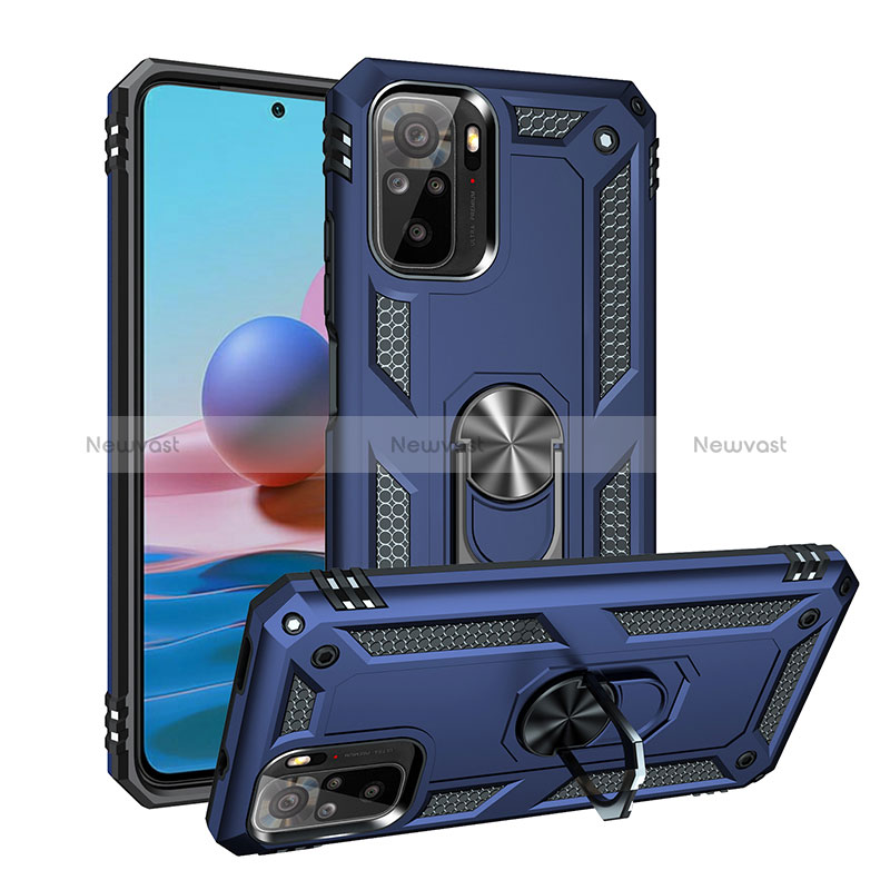 Silicone Matte Finish and Plastic Back Cover Case with Magnetic Finger Ring Stand MQ3 for Xiaomi Redmi Note 10 4G Blue