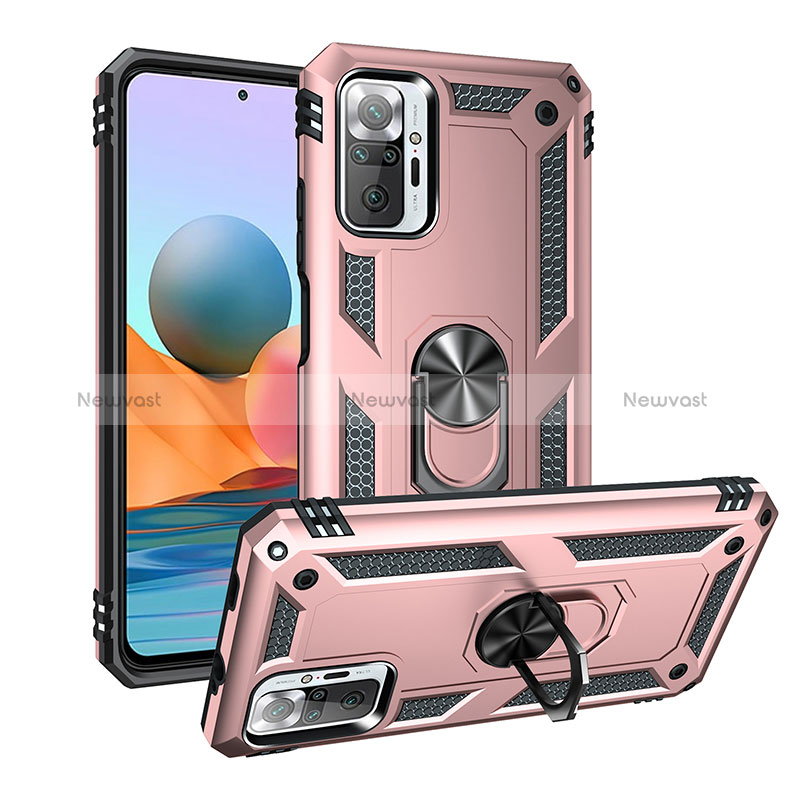 Silicone Matte Finish and Plastic Back Cover Case with Magnetic Finger Ring Stand MQ3 for Xiaomi Redmi Note 10 Pro 4G Rose Gold