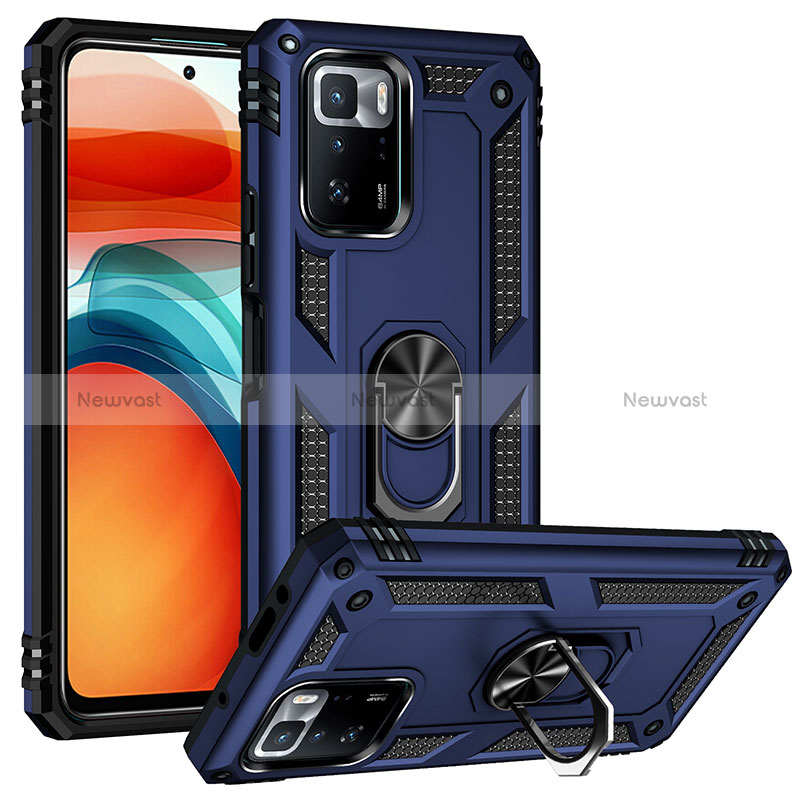 Silicone Matte Finish and Plastic Back Cover Case with Magnetic Finger Ring Stand MQ3 for Xiaomi Redmi Note 10 Pro 5G Blue