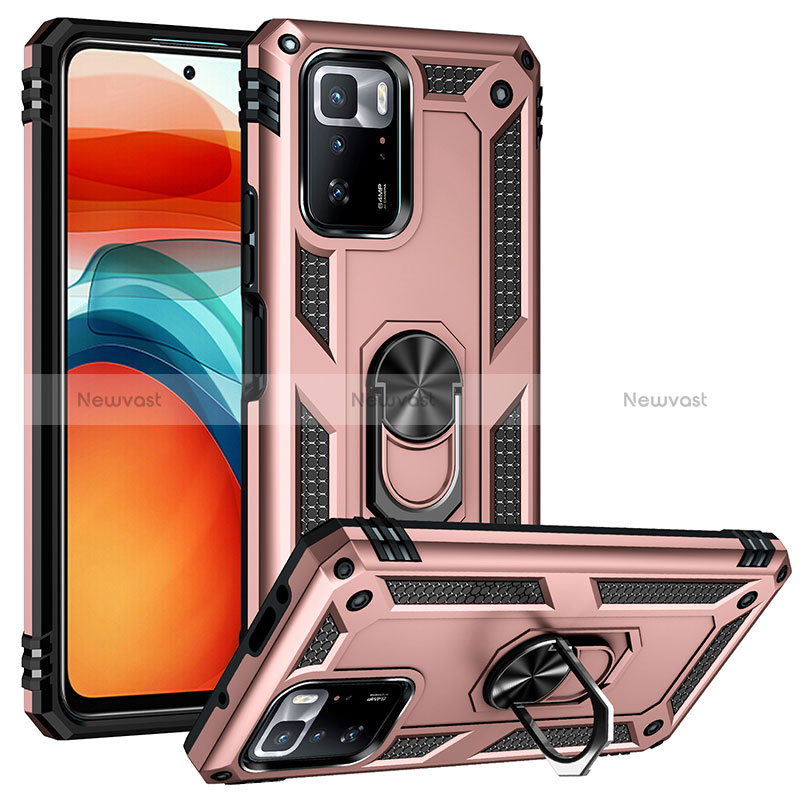 Silicone Matte Finish and Plastic Back Cover Case with Magnetic Finger Ring Stand MQ3 for Xiaomi Redmi Note 10 Pro 5G Rose Gold