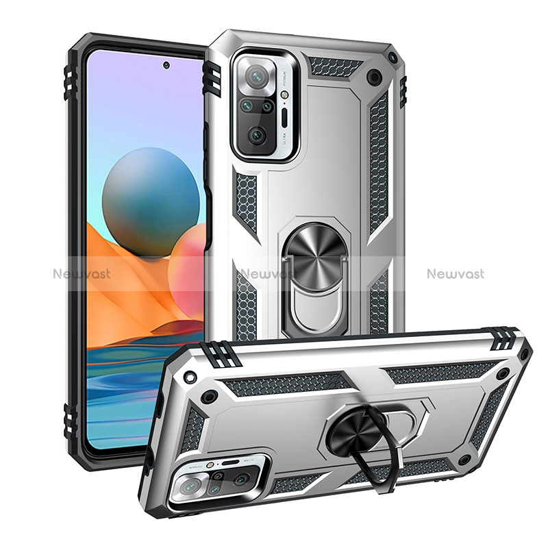 Silicone Matte Finish and Plastic Back Cover Case with Magnetic Finger Ring Stand MQ3 for Xiaomi Redmi Note 10 Pro Max Silver
