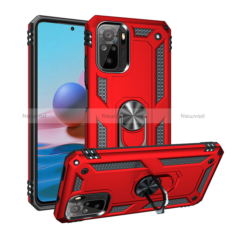 Silicone Matte Finish and Plastic Back Cover Case with Magnetic Finger Ring Stand MQ3 for Xiaomi Redmi Note 10S 4G Red