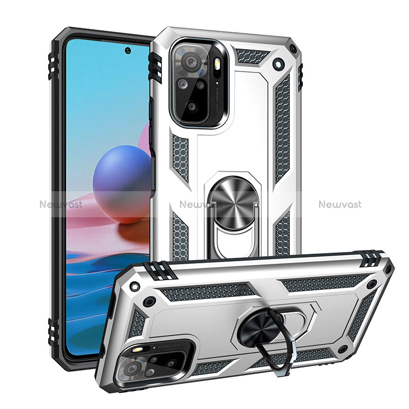 Silicone Matte Finish and Plastic Back Cover Case with Magnetic Finger Ring Stand MQ3 for Xiaomi Redmi Note 10S 4G Silver