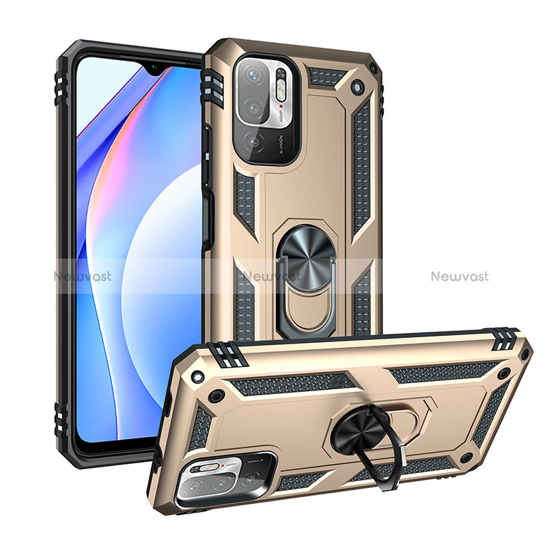 Silicone Matte Finish and Plastic Back Cover Case with Magnetic Finger Ring Stand MQ3 for Xiaomi Redmi Note 10T 5G Gold