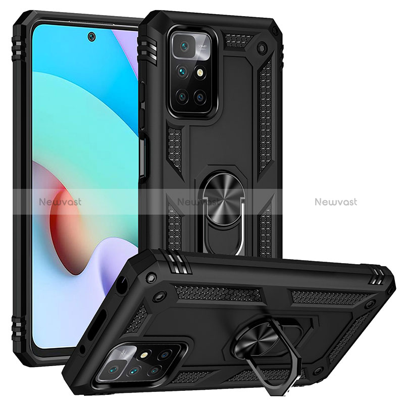 Silicone Matte Finish and Plastic Back Cover Case with Magnetic Finger Ring Stand MQ3 for Xiaomi Redmi Note 11 4G (2021) Black