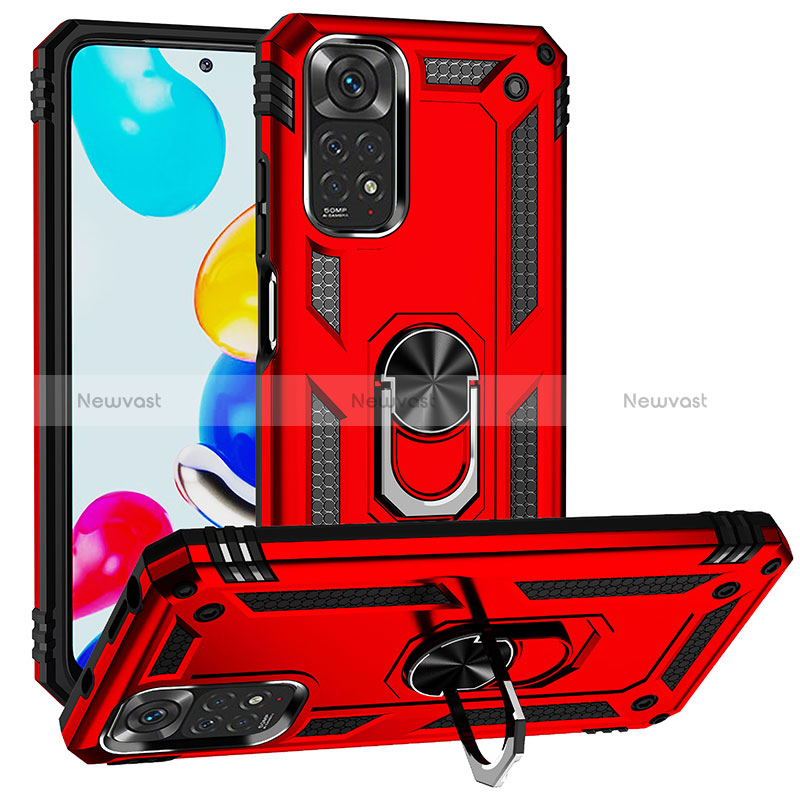 Silicone Matte Finish and Plastic Back Cover Case with Magnetic Finger Ring Stand MQ3 for Xiaomi Redmi Note 11 4G (2022)