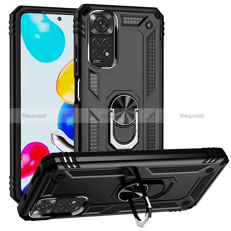 Silicone Matte Finish and Plastic Back Cover Case with Magnetic Finger Ring Stand MQ3 for Xiaomi Redmi Note 11 4G (2022)