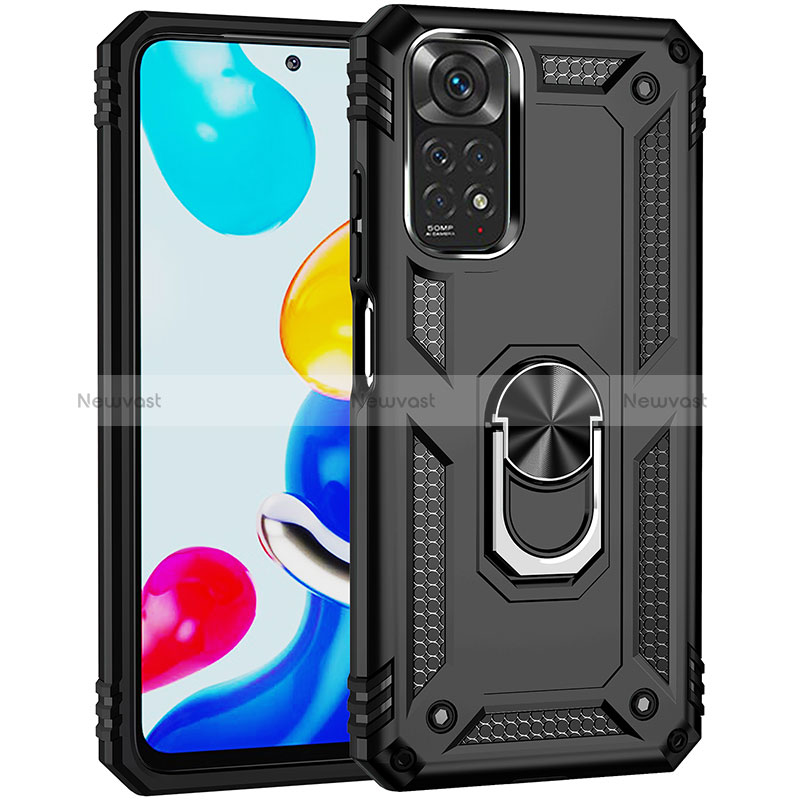 Silicone Matte Finish and Plastic Back Cover Case with Magnetic Finger Ring Stand MQ3 for Xiaomi Redmi Note 11 4G (2022)
