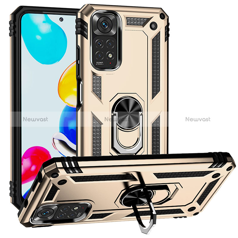 Silicone Matte Finish and Plastic Back Cover Case with Magnetic Finger Ring Stand MQ3 for Xiaomi Redmi Note 11 4G (2022) Gold