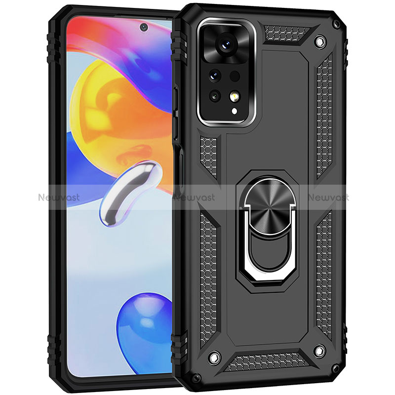 Silicone Matte Finish and Plastic Back Cover Case with Magnetic Finger Ring Stand MQ3 for Xiaomi Redmi Note 11 Pro 4G