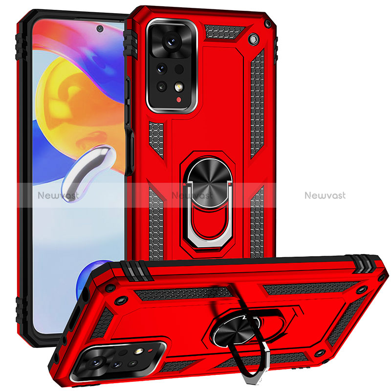 Silicone Matte Finish and Plastic Back Cover Case with Magnetic Finger Ring Stand MQ3 for Xiaomi Redmi Note 11 Pro 4G Red