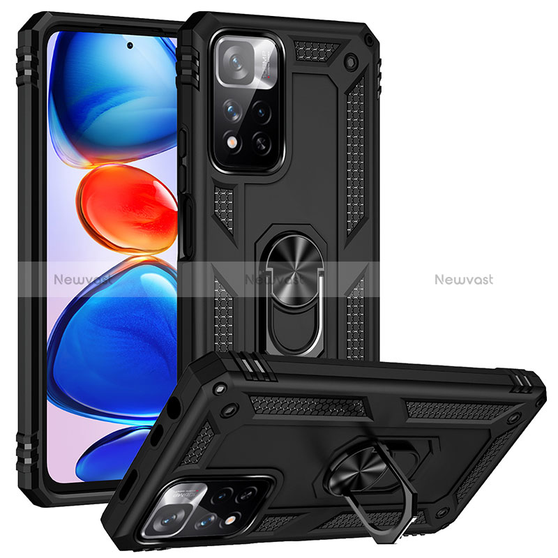 Silicone Matte Finish and Plastic Back Cover Case with Magnetic Finger Ring Stand MQ3 for Xiaomi Redmi Note 11 Pro+ Plus 5G Black