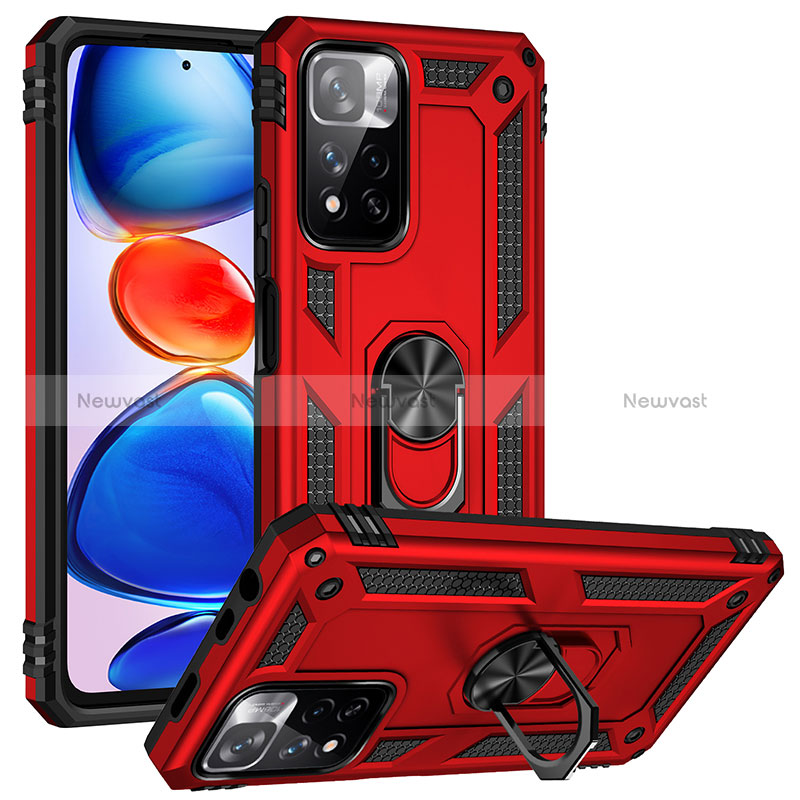 Silicone Matte Finish and Plastic Back Cover Case with Magnetic Finger Ring Stand MQ3 for Xiaomi Redmi Note 11 Pro+ Plus 5G Red