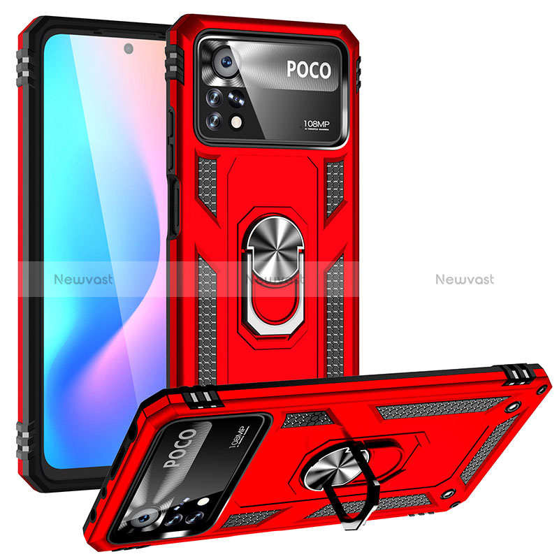 Silicone Matte Finish and Plastic Back Cover Case with Magnetic Finger Ring Stand MQ3 for Xiaomi Redmi Note 11E Pro 5G Red